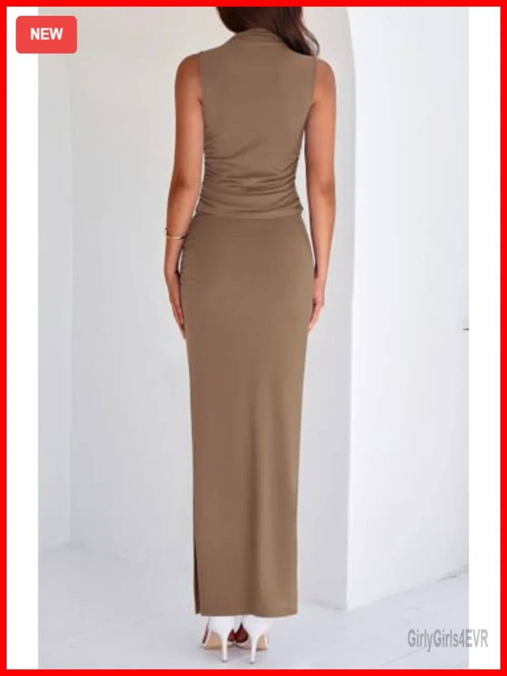 Two Piece Maxi Skirt Set Mock Neck Sleeveless Top Side Slit Summer Outfit
